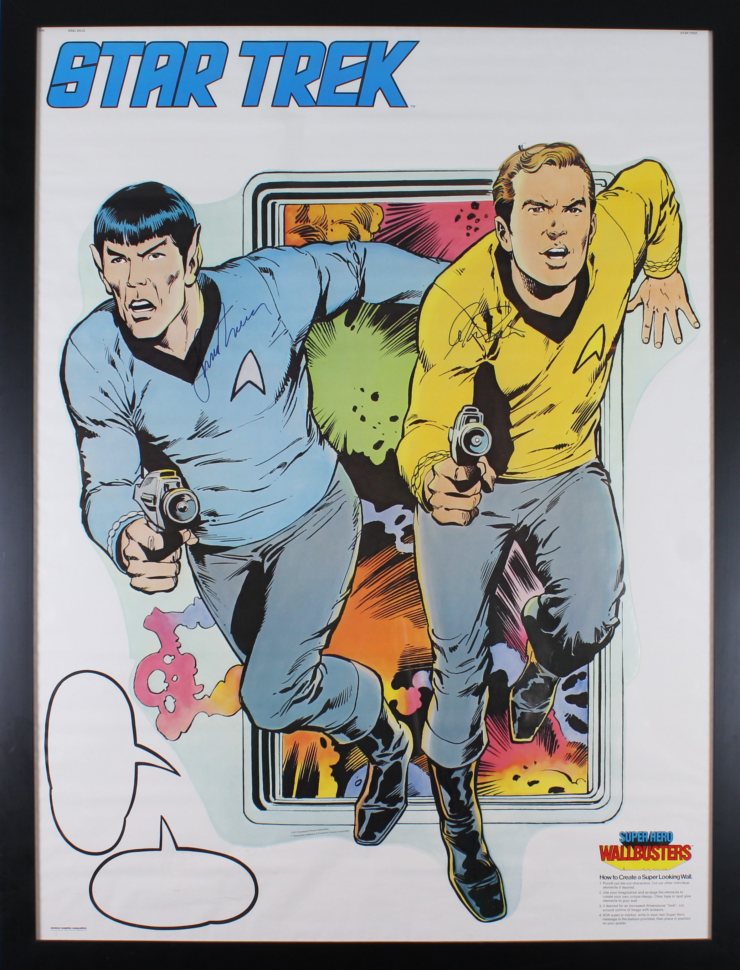 An image of the poster, showing a colour drawing of Kirk and Spock running towards the viewer, each holding a phaser.