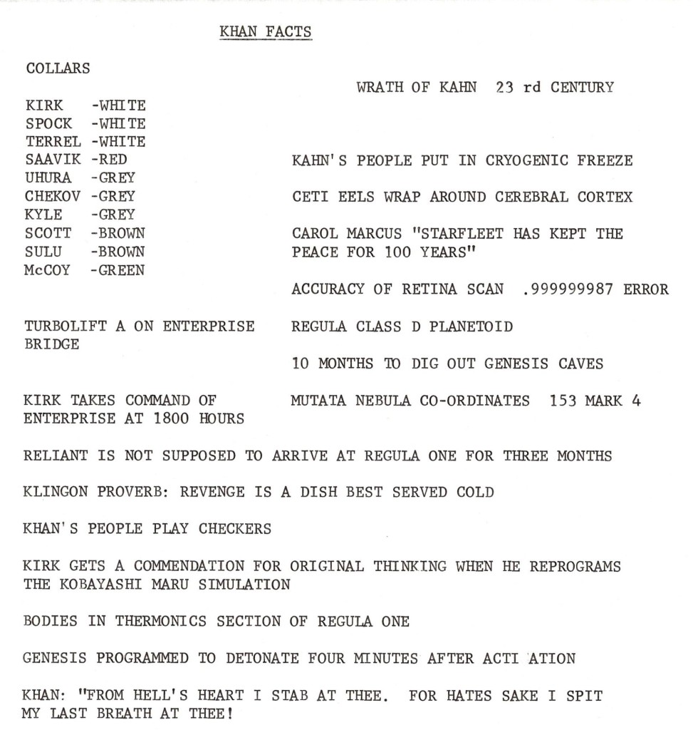 My notes on Star Trek II, carefully typed in all caps.